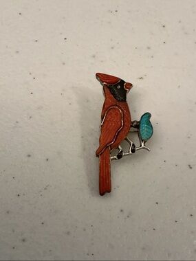 Vintage signed Andrea Lonjose sterling silver Redbird inlay brooch.